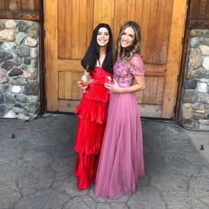 needle & thread embellished tiered tulle maxi dress in rouge